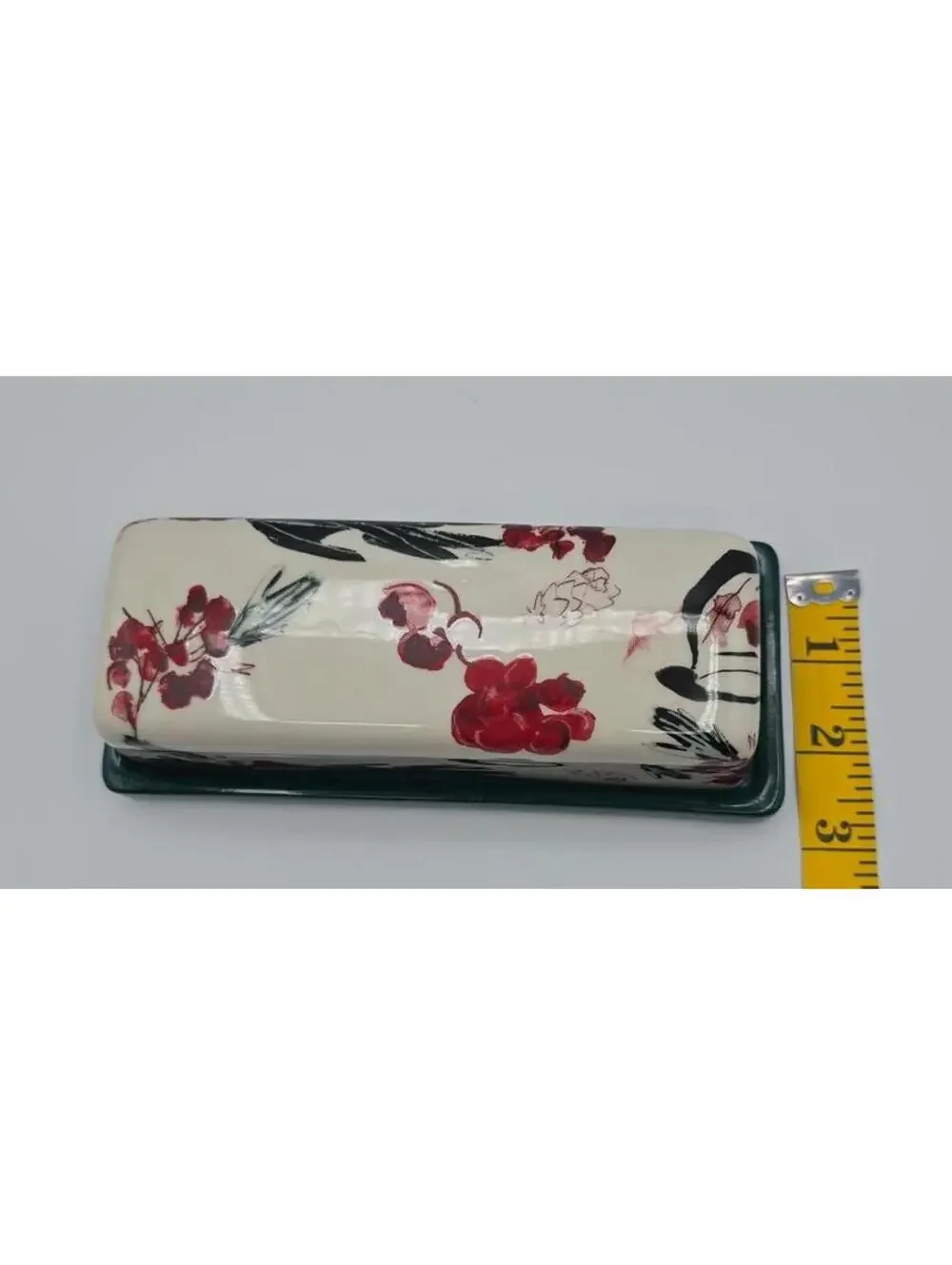 Anthropologie Holly Berry Stoneware Butter Dish Green Base Holiday Kitchen Decor